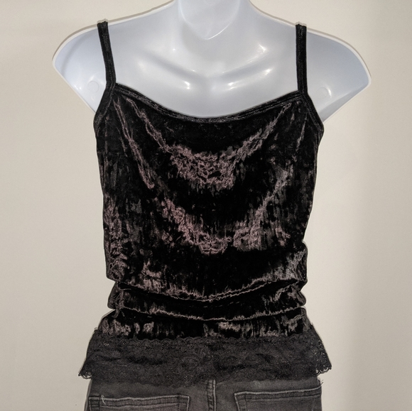 Vintage black lace trim crushed velour cami - Picture 2 of 3